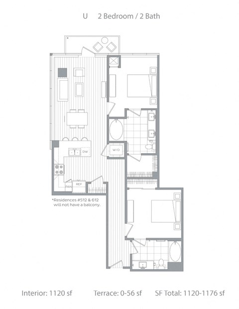 Floor plan for 2 beds, 2 baths, 1166 sqft